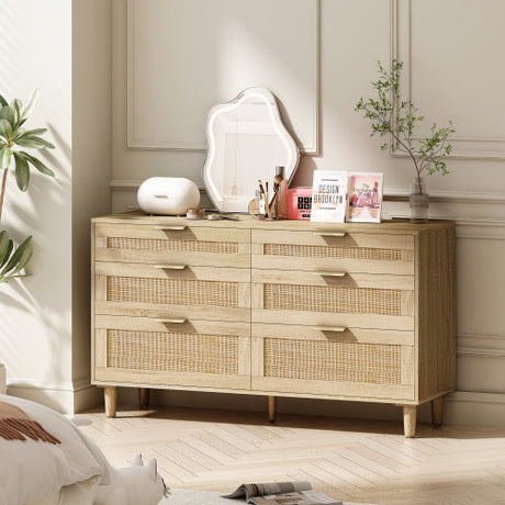 Rattan Dresser With Drawers, 6 Drawer Dresser For Bedroom, Clothes Storage Cabinet For Bedroom, Metal Handle&Wood Legs For Hallway, Living Room, Bedroom,Natural Shopway.