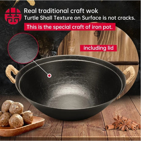 WANGYUANJI 14.2 Handmade Wok, Cast Iron Wok Pan, Large Flat Bottom Wok Stir With Dual Handle And Wooden Lid, Suitable For All Cooktops, Uncoated Chinese Traditional Wok, Ban Sale On Amazon Shopway.