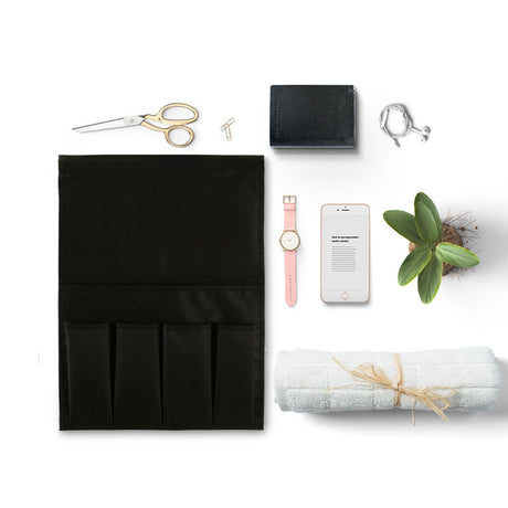 Alt Tag: Shopway black bedside hanging storage bag with compartments for organizing accessories and essentials, made from Oxford textile.