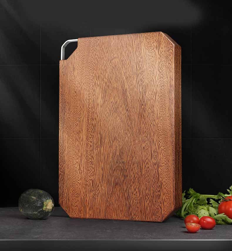 Shopway wooden chopping board, octagonal shape, durable and mold-resistant, surrounded by fresh vegetables.