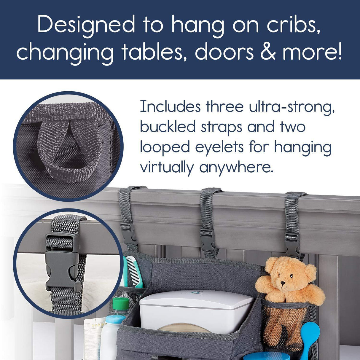 Grey baby crib bedside storage bag with buckle straps, designed for hanging, showcasing pockets filled with baby essentials. Shopway.