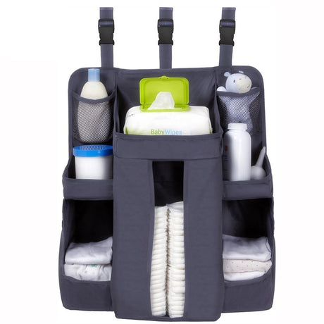 Grey oxford cloth baby crib bedside storage bag with multiple pockets for diapers, wipes, and baby essentials by Shopway.