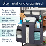 Baby crib bedside storage hanging bag with six shelves and pockets, ideal for organizing diapers, toys, and essentials. Grey color. Shopway.
