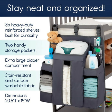 Baby crib bedside storage hanging bag with six shelves and pockets, ideal for organizing diapers, toys, and essentials. Grey color. Shopway.