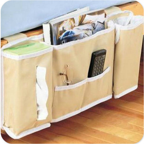 Japanese-style bedside hanging bag for bedroom storage, featuring pockets for books, gadgets, cosmetics, and more from Shopway.