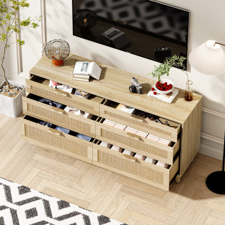 Rattan Dresser With Drawers, 6 Drawer Dresser For Bedroom, Clothes Storage Cabinet For Bedroom, Metal Handle&Wood Legs For Hallway, Living Room, Bedroom,Natural Shopway.