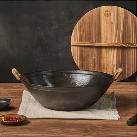 WANGYUANJI 14.2 Handmade Wok, Cast Iron Wok Pan, Large Flat Bottom Wok Stir With Dual Handle And Wooden Lid, Suitable For All Cooktops, Uncoated Chinese Traditional Wok, Ban Sale On Amazon Shopway.