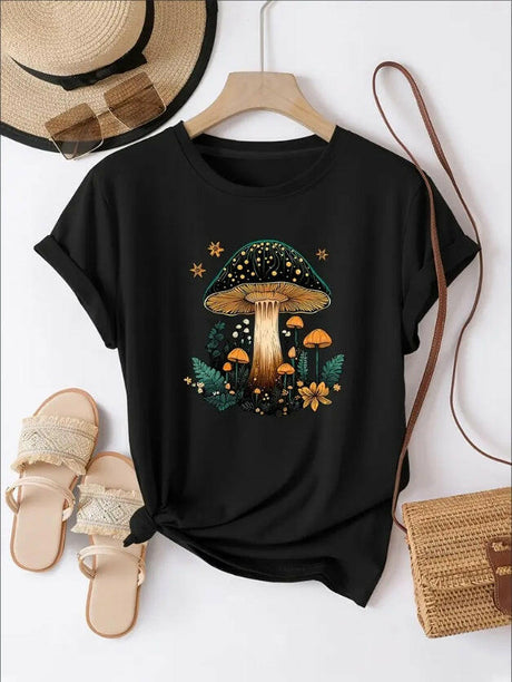 Vibrant Mushroom & Star Print Relaxed Fit Crew Neck Short Sleeves Casual T-Shirt - Soft Comfy Tops For Women's Activewear, Everyday Wear, And Outdoor Adventures - High-Quality Breathable Fabric, Easy - Shopway