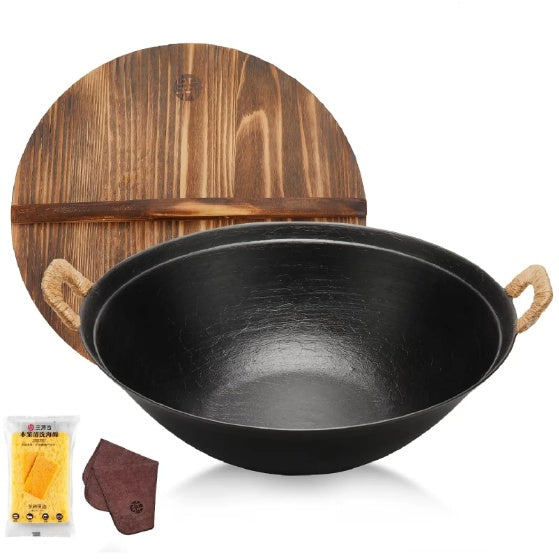 WANGYUANJI 14.2 Handmade Wok, Cast Iron Wok Pan, Large Flat Bottom Wok Stir With Dual Handle And Wooden Lid, Suitable For All Cooktops, Uncoated Chinese Traditional Wok, Ban Sale On Amazon Shopway.