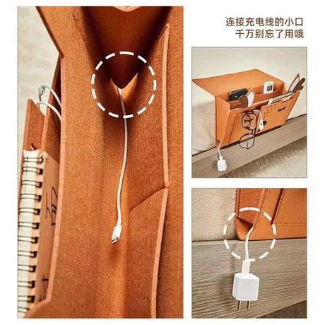 Felt bedside storage bag hanging on bed, with slots for chargers, books, and gadgets, ideal for organizing dorm rooms. Shopway product.