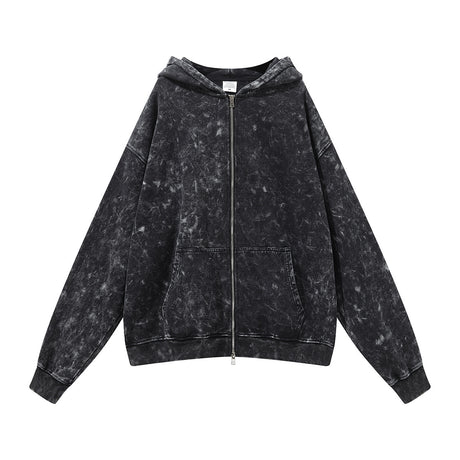 Retro Heavy Washed Distressed Black Men's Loose Hooded Cardigan Sweater Jacket Shopway.
