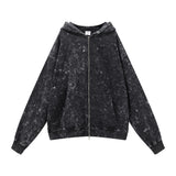 Retro Heavy Washed Distressed Black Men's Loose Hooded Cardigan Sweater Jacket Shopway.