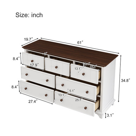 Wooden Captain Seven-Drawer Dresser For Bedroom, Living Room, Kids' Room, White Walnut Shopway.