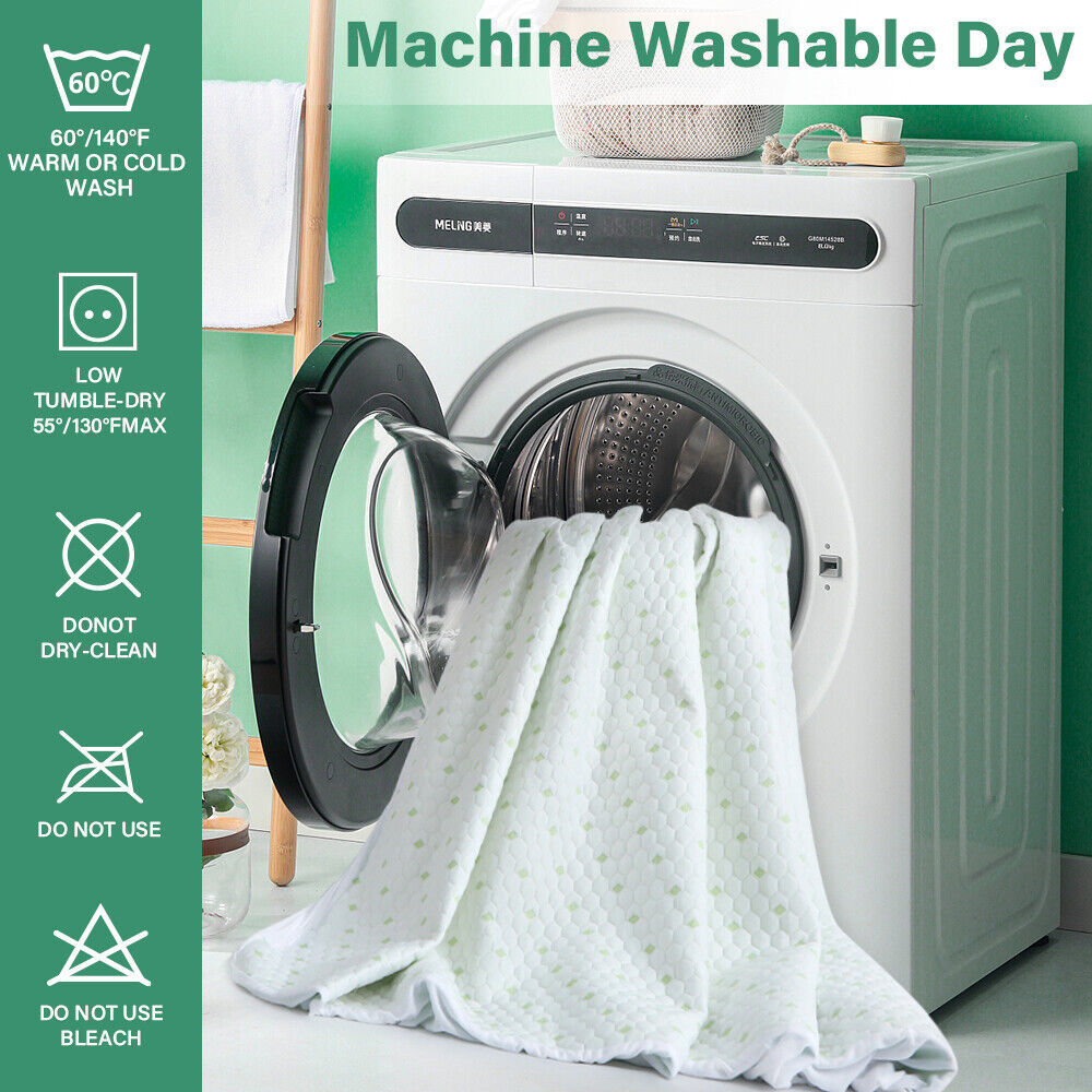 Washing machine with eco-friendly blanket highlighting wash instructions for machine capability and safety guidelines.