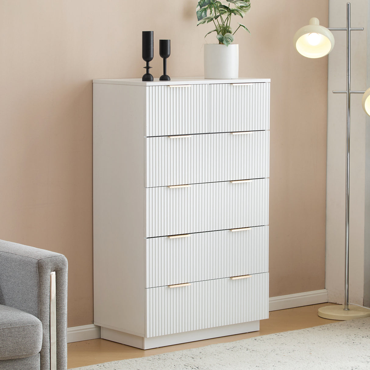 White P2 Density Board, Corrugated Surface, Five Layers And Six Drawers, Chest Of Drawers Shopway.