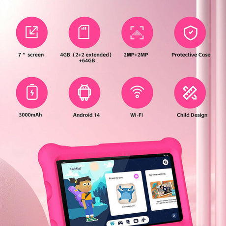 G-tab T7 Kids Tablet  7 Inch 1024&600 IPS Screen  Android 14  1.5GHz Quad-core CPU  4GB RAM 2GB &2GB Expansion 64GB ROM 2.4&5GHz WiFi  3000mAh Battery  2MP&2MP Camera-Pink - Shopway
