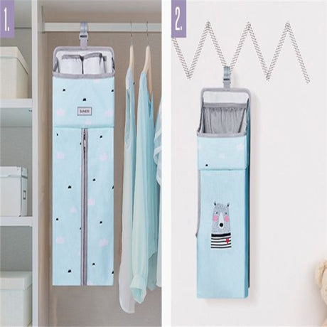 Blue multifunctional shelf bag storage and diaper organizer with hanging design for newborns, available at Shopway.