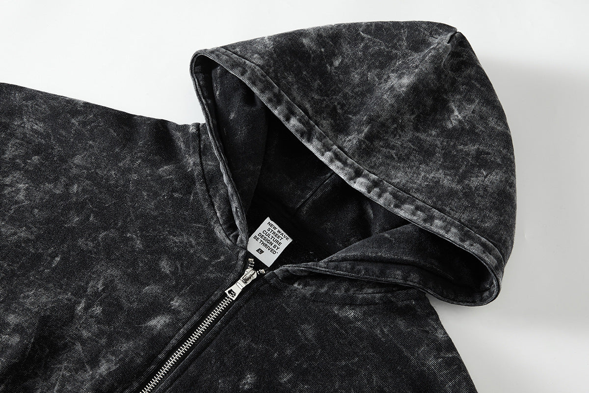 Retro Heavy Washed Distressed Black Men's Loose Hooded Cardigan Sweater Jacket Shopway.