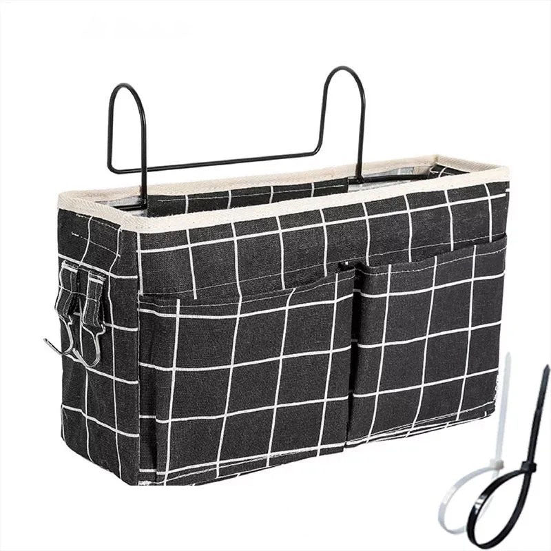 Black and white canvas bedside storage basket with wrought iron hooks, perfect for dormitory use, available at Shopway.