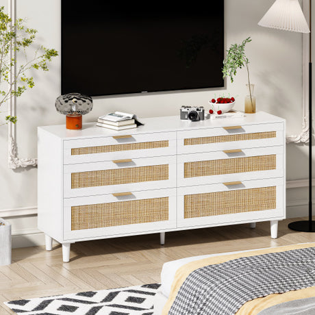 Rattan Dresser With Drawers, 6 Drawer Dresser For Bedroom, Clothes Storage Cabinet For Bedroom, Metal Handle&Wood Legs For Hallway, Living Room, Bedroom,White Shopway.