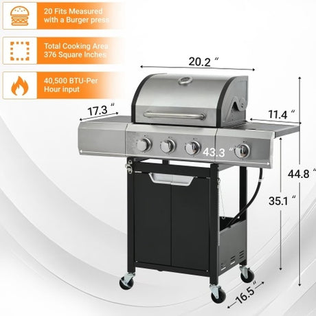 Propane Grill 3 Burner Barbecue Grill Stainless Steel Gas Grill With Side Burner And Cover For Outdoor BBQ, Camping Shopway.