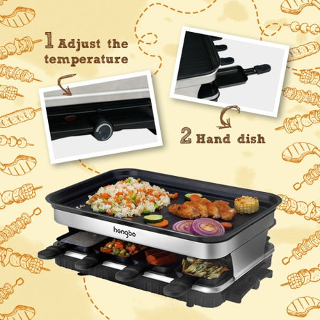 Raclette Grill 8 People Grill Plate Non-stick Coated, Raclette With 8 Mini Raclette Pans, Infinitely Adjustable Temperature, 1500W Shopway.