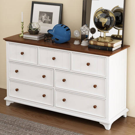 Wooden Captain Seven-Drawer Dresser For Bedroom, Living Room, Kids' Room, White Walnut Shopway.