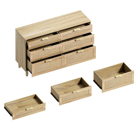 Rattan Dresser With Drawers, 6 Drawer Dresser For Bedroom, Clothes Storage Cabinet For Bedroom, Metal Handle&Wood Legs For Hallway, Living Room, Bedroom,Natural Shopway.