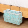 Bedside storage bag with hooks attached to bed frame, featuring multiple pockets for storing books, phone, snacks; shopway high capacity organizer