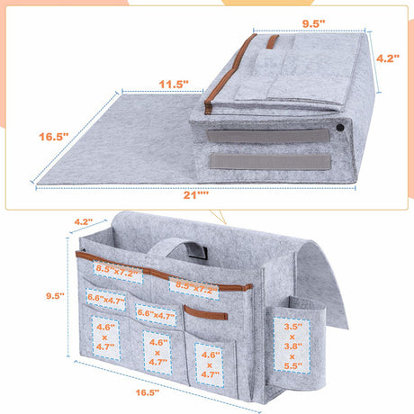 Grey felt bedside storage bag with multiple pockets and dimensions, suitable for bedroom, sofa, or wall. Shopway modern style.