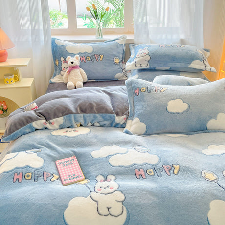 Winter Milk Fleece Four-piece Set Cartoon Extra Thick Plush Quilt Cover Coral Fleece Dormitory Bed Sheet Shopway.