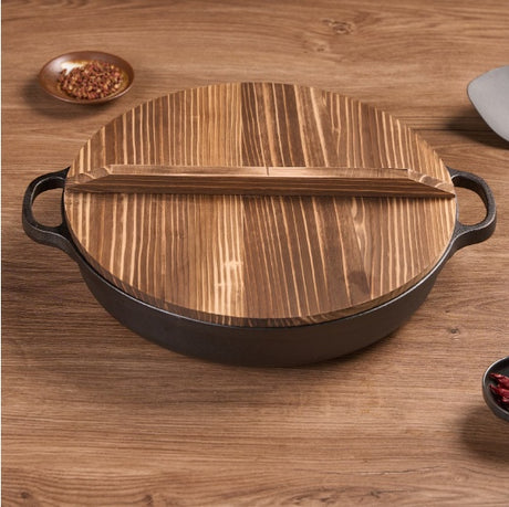 WANGYUANJI 11Cast Iron Wok With Dual Handles And Wooden Lid, Uncoated Frying Pan For Gas And IH, Chinese Thickened Pancake Pan, Stir-frying And IH Universal, With Free Steel Wire Ball Shopway.