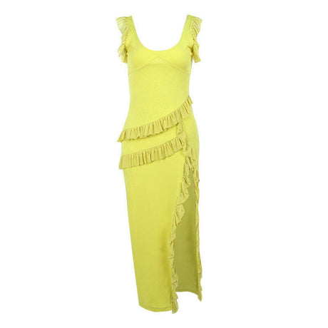 Women's V-Neck Shrinking Pleated Fluttering Straps Irregular Long Crowd Design Dresses Shopway.