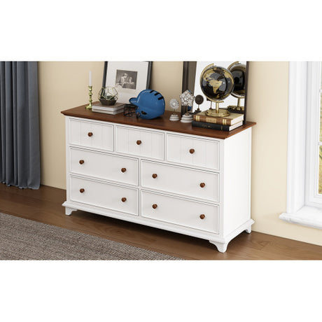 Wooden Captain Seven-Drawer Dresser For Bedroom, Living Room, Kids' Room, White Walnut Shopway.
