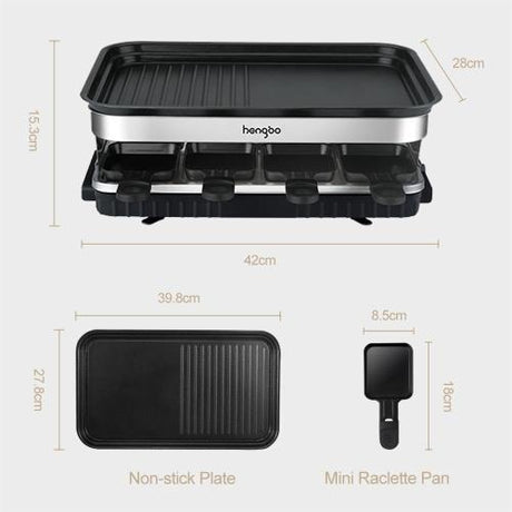 Raclette Grill 8 People Grill Plate Non-stick Coated, Raclette With 8 Mini Raclette Pans, Infinitely Adjustable Temperature, 1500W Shopway.