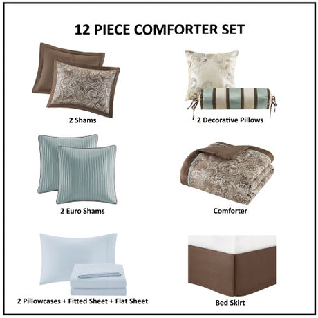 12 Piece Comforter Set With Cotton Bed Sheets Blue Brown Full Shopway.