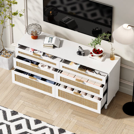 Rattan Dresser With Drawers, 6 Drawer Dresser For Bedroom, Clothes Storage Cabinet For Bedroom, Metal Handle&Wood Legs For Hallway, Living Room, Bedroom,White Shopway.