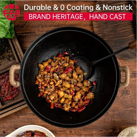 WANGYUANJI 14.2 Handmade Wok, Cast Iron Wok Pan, Large Flat Bottom Wok Stir With Dual Handle And Wooden Lid, Suitable For All Cooktops, Uncoated Chinese Traditional Wok, Ban Sale On Amazon Shopway.