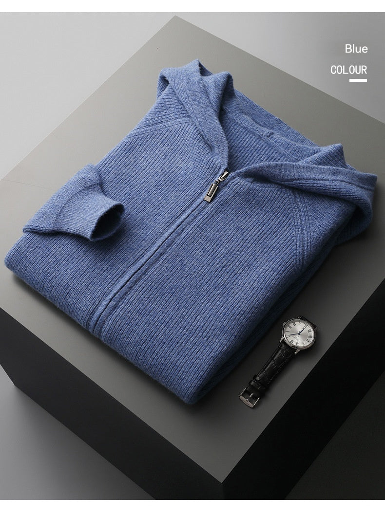 Fall Winter Men Woolen Sweater Young And Middle-aged Casual Hooded Zipper Cardigan Pure Wool Sportswear Shopway.