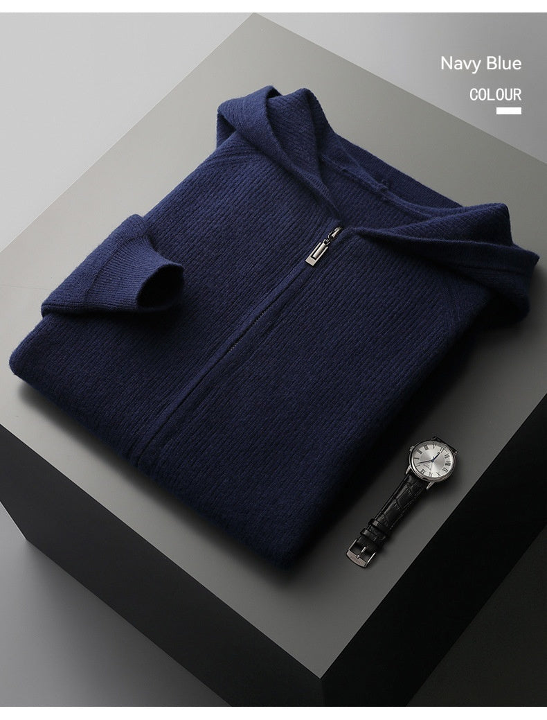 Fall Winter Men Woolen Sweater Young And Middle-aged Casual Hooded Zipper Cardigan Pure Wool Sportswear Shopway.