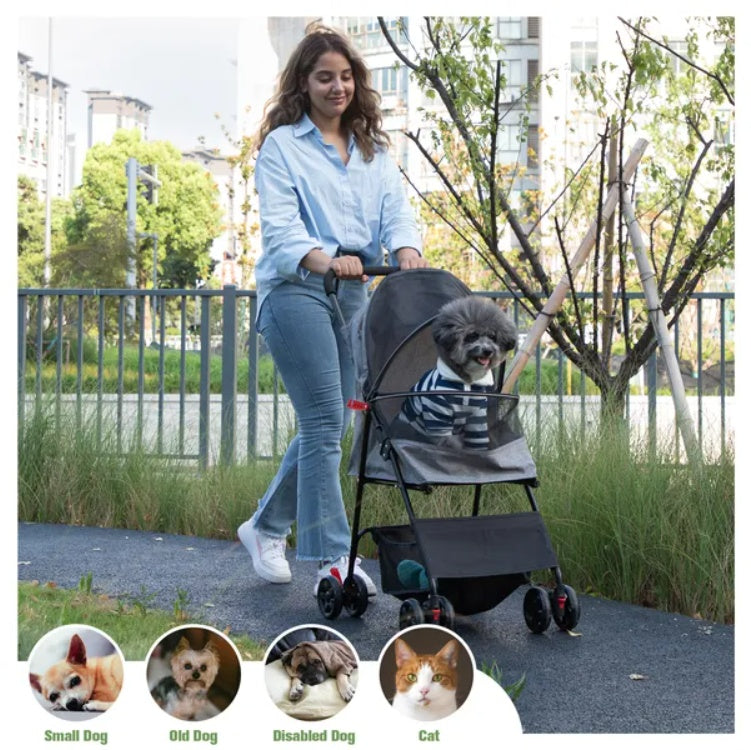 Foldable Pet Stroller, Small Dog Cat Stroller With Storage Basket For Small Puppies, Gray And Black Shopway.