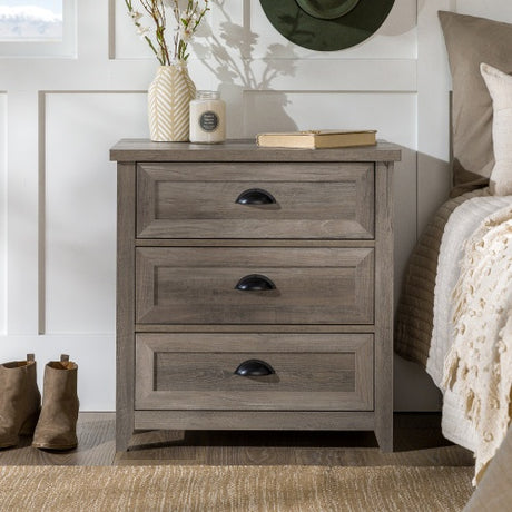 Transitional Farmhouse Framed 3-Drawer Nightstand With Cup Handles - Grey Wash Shopway.