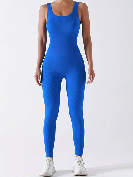 Women's Ribbed Solid Color One Piece Jumpsuit, Form-Fitting Sensual Activewear, Classic Sleeveless Full-Length Pants For Sport Casual Wear - Shopway