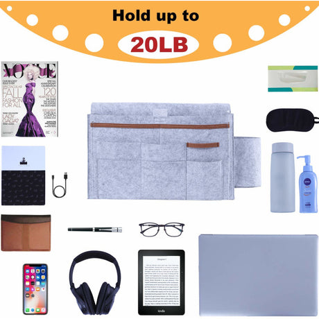 Grey felt bedside storage bag showcasing multiple pockets with items like magazines, cables, and glasses, labeled 'Hold up to 20LB' by Shopway.