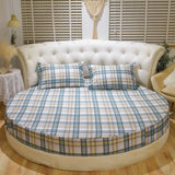 Shopway round bed sheet in plaid pattern on a hotel-style bed, made from pure cotton with reactive dyeing, 200cmx200cm size.