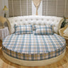 Shopway round bed sheet in plaid pattern on a hotel-style bed, made from pure cotton with reactive dyeing, 200cmx200cm size.