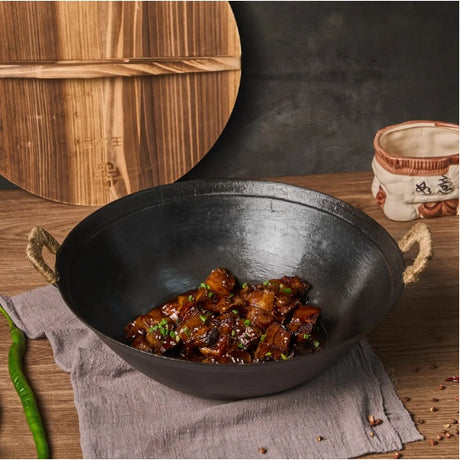 WANGYUANJI 14.2 Handmade Wok, Cast Iron Wok Pan, Large Flat Bottom Wok Stir With Dual Handle And Wooden Lid, Suitable For All Cooktops, Uncoated Chinese Traditional Wok, Ban Sale On Amazon Shopway.