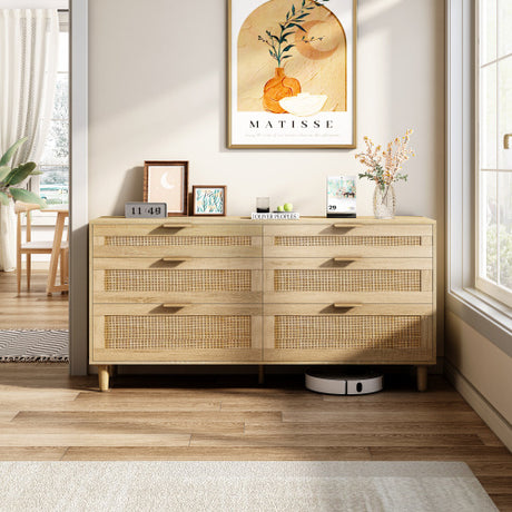 Rattan Dresser With Drawers, 6 Drawer Dresser For Bedroom, Clothes Storage Cabinet For Bedroom, Metal Handle&Wood Legs For Hallway, Living Room, Bedroom,Natural Shopway.