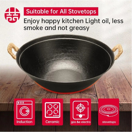 WANGYUANJI 14.2 Handmade Wok, Cast Iron Wok Pan, Large Flat Bottom Wok Stir With Dual Handle And Wooden Lid, Suitable For All Cooktops, Uncoated Chinese Traditional Wok, Ban Sale On Amazon Shopway.